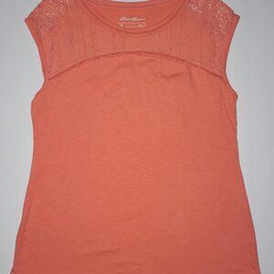 Eddie Bauer Womens Coral Orange Sleeveless Blouse with Lace Size Large